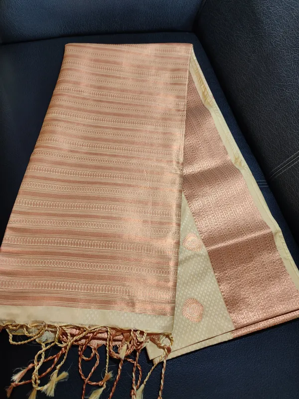 Beautiful Pure Kanjivaram Silk Saree in Off- white with Copper Zari Woven Border and Anchal