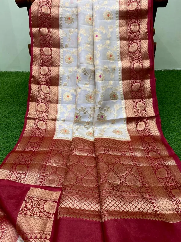 Banarasi Georgette Saree in Light Bluish Grey with Jaal Work and Contrast Cherry Red Border and Anchal