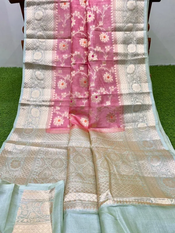 Banarasi Georgette Saree in Rose Pink with Jaal Work and Contrast Light Blue Border and Anchal