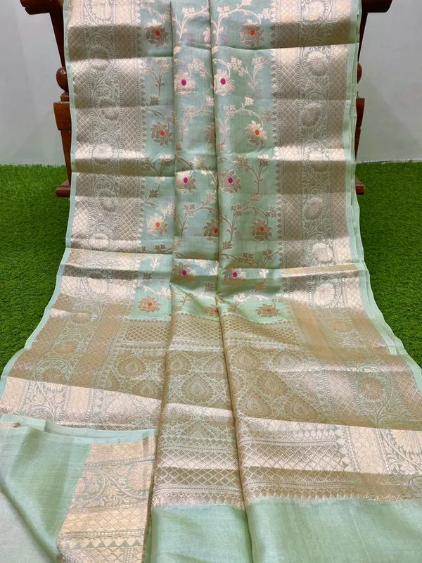 Banarasi Georgette Saree in Light Blue with Jaal Work and Gold Zari Border and Anchal