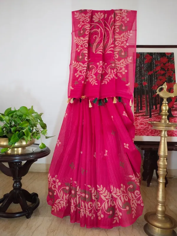 Smart and Elegant Pure Linen Kota Saree in Cherry Red with Block Prints