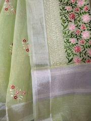 Beautiful Banarsi Tissue Silk Saree in Pista Green with Floral Hand Embroidery and Chikankari Work