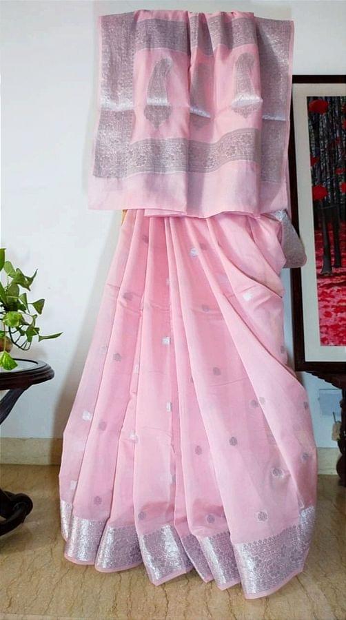 Baby Pink Banarasi Pure Organza Silk Saree with Silver Zari Work