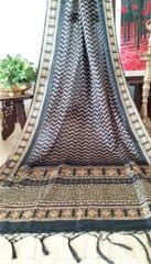 Black, Cream and Brown Ajrakh Print Pure Kota Saree with light Zari lining in the border and Aanchal