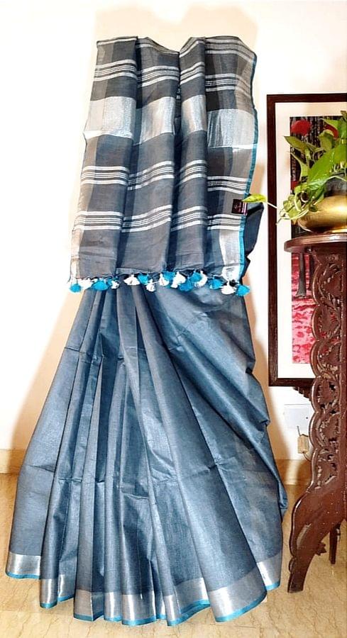 Smart and Elegant Bhagalpur Pure Linen saree in Anchor Grey with Silver Zari Border