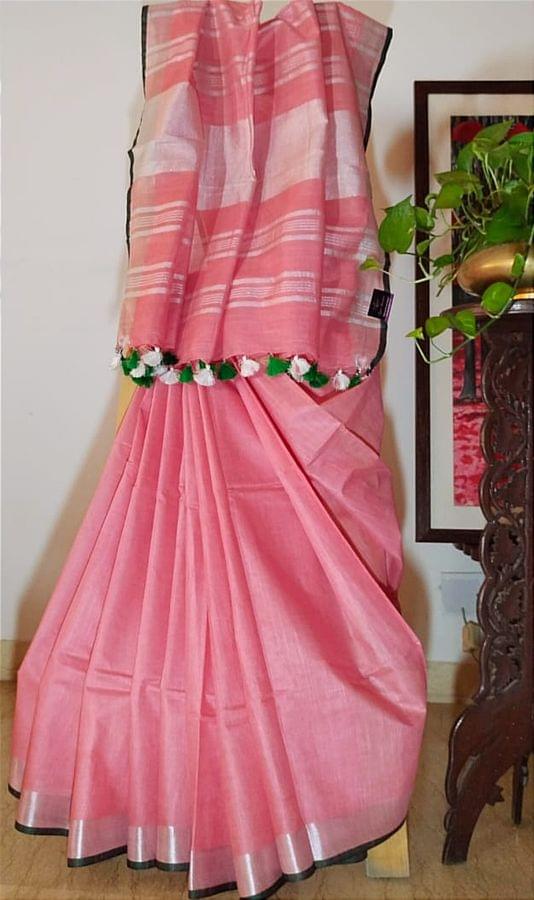 Smart and Elegant Bhagalpur Pure Linen saree in Carnation Pink with Silver Zari Border