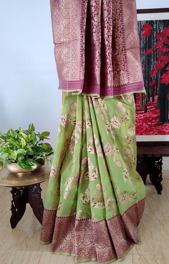 Banarasi Pure Linen Saree in Light Olive Green with Heavy Zari Border and Anchal