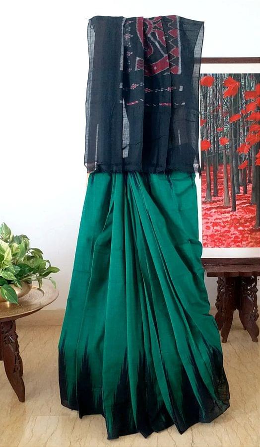 Traditional Sambalpuri Pure Cotton Saree in Jade Green Colour with Ikkat Border & Chakra Design Anchal