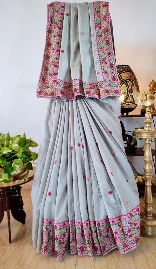 Bluish Grey Pure Tussar Silk Saree with Beautiful Embroidery