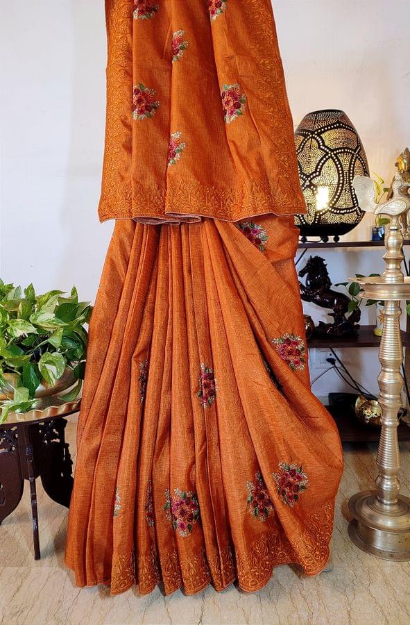Rust Orange Pure Tussar Silk Saree with Beautiful Embroidery