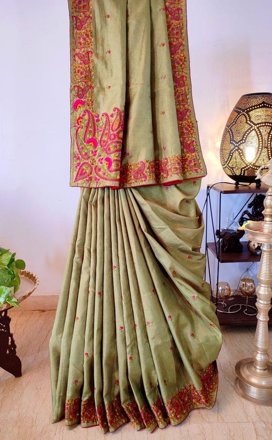 Elegant Olive Green Pure Tussar Silk Saree with Beautiful Embroidery