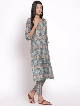 Sky Blue Ornamental Printed Kurta Trouser Dupatta
