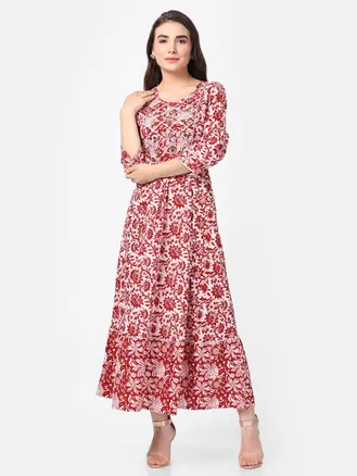 Off White Maroon Floral Printed Dress