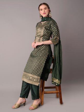 Women Green Ornamental Printed Kurta Trouser Dupatta