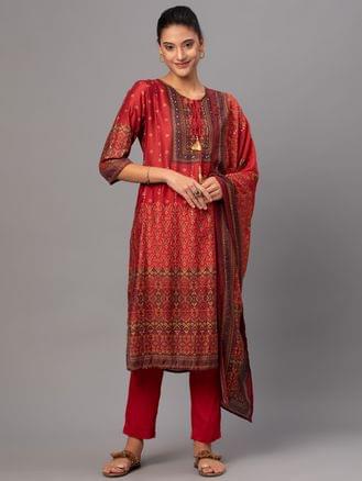 Women Red Kurta Comfort Pant With Dupatta