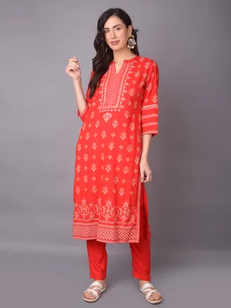 Red Floral Printed Kurta With Trouser