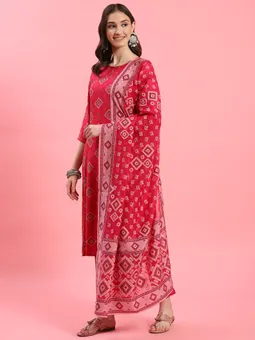 Fuchsia Geometric Printed Kurta Trouser Dupatta