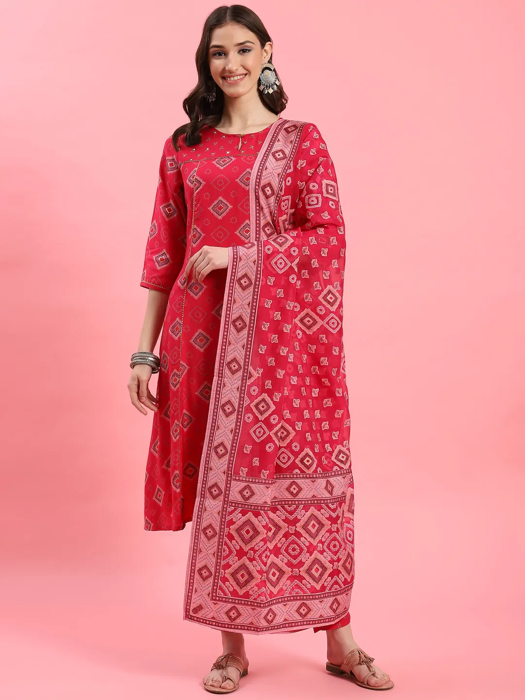 Fuchsia Geometric Printed Kurta Trouser Dupatta