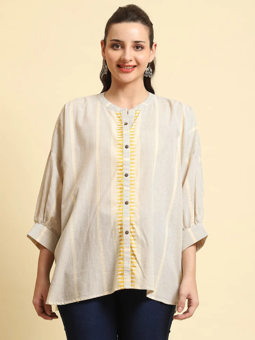 Off White Stripe Printed Short Kurta