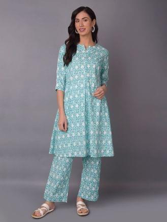 Turquoise Blue Floral Printed Kurta With Comfort Pant