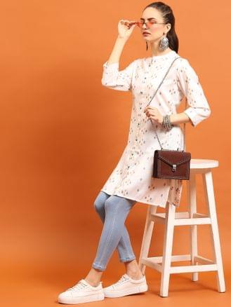 White Liva Rayon Printed Kurti