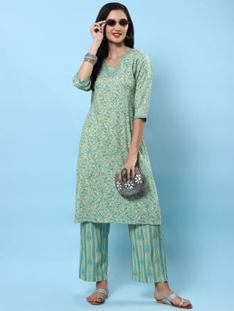 Women Green Floral Printed Kurta With Comfort Pant