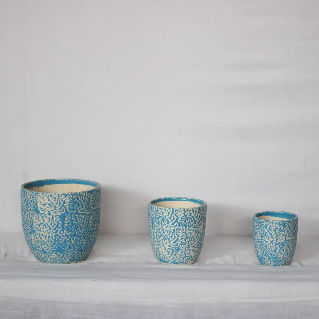 Set of 3 Blue Textured Kulhad Ceramic Planter (8,6,5 Inches)