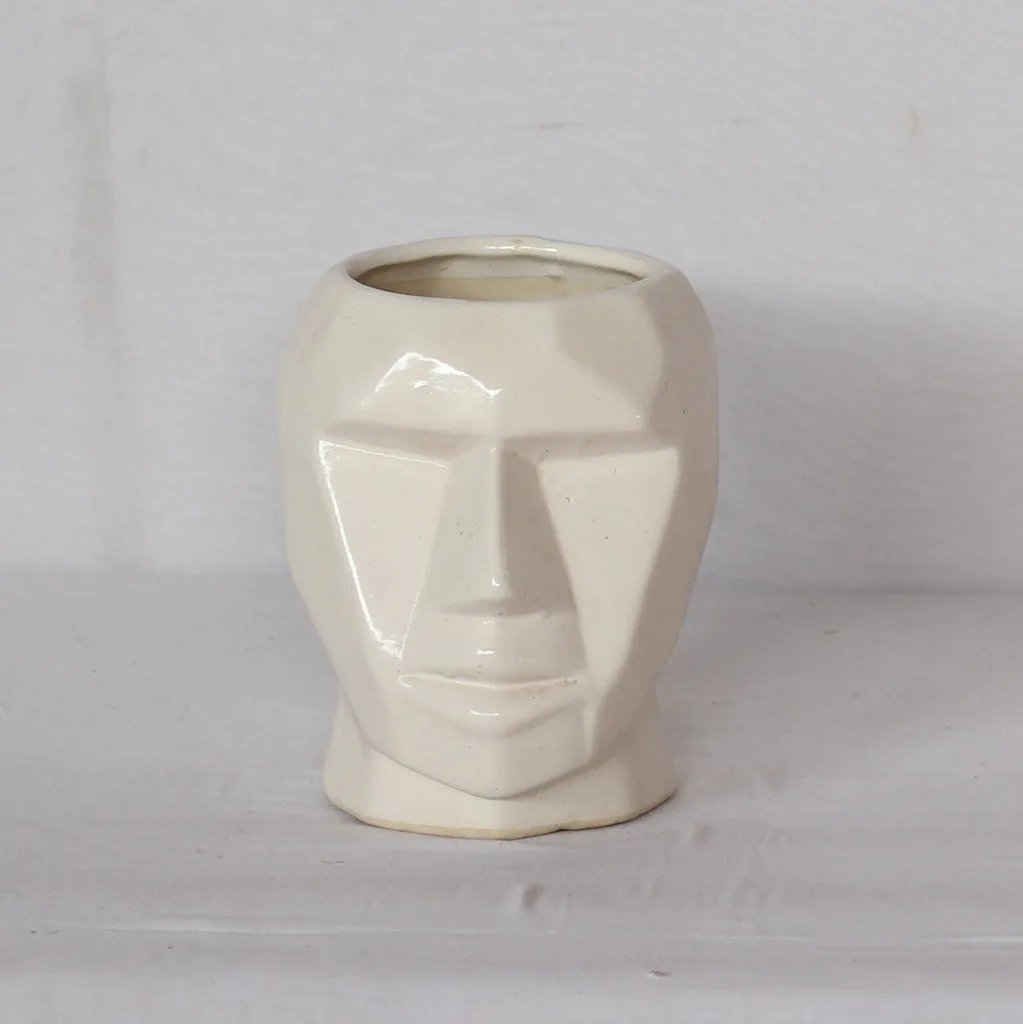 4X7 Inch White Robot Face Ceramic Planter