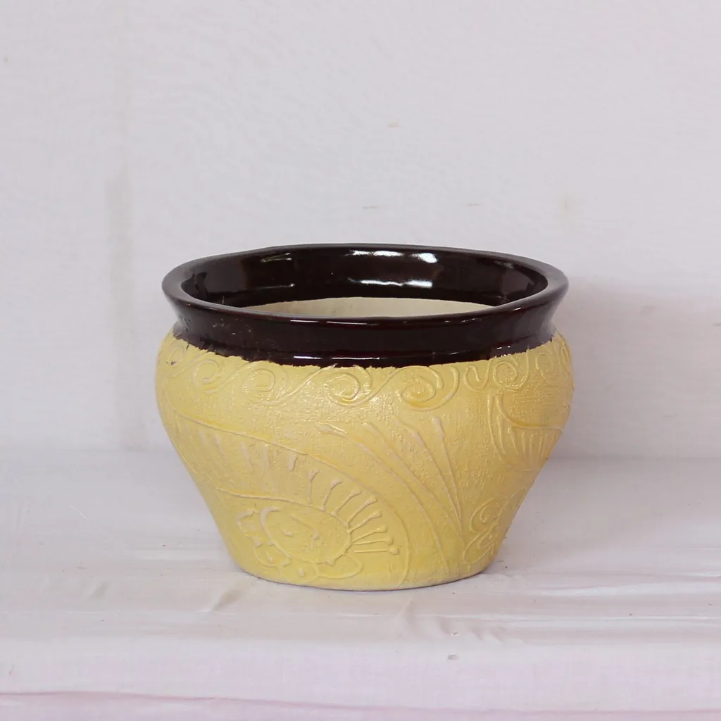 10X8 Inch Yellow Black Ring Designed Matka Ceramic Planter