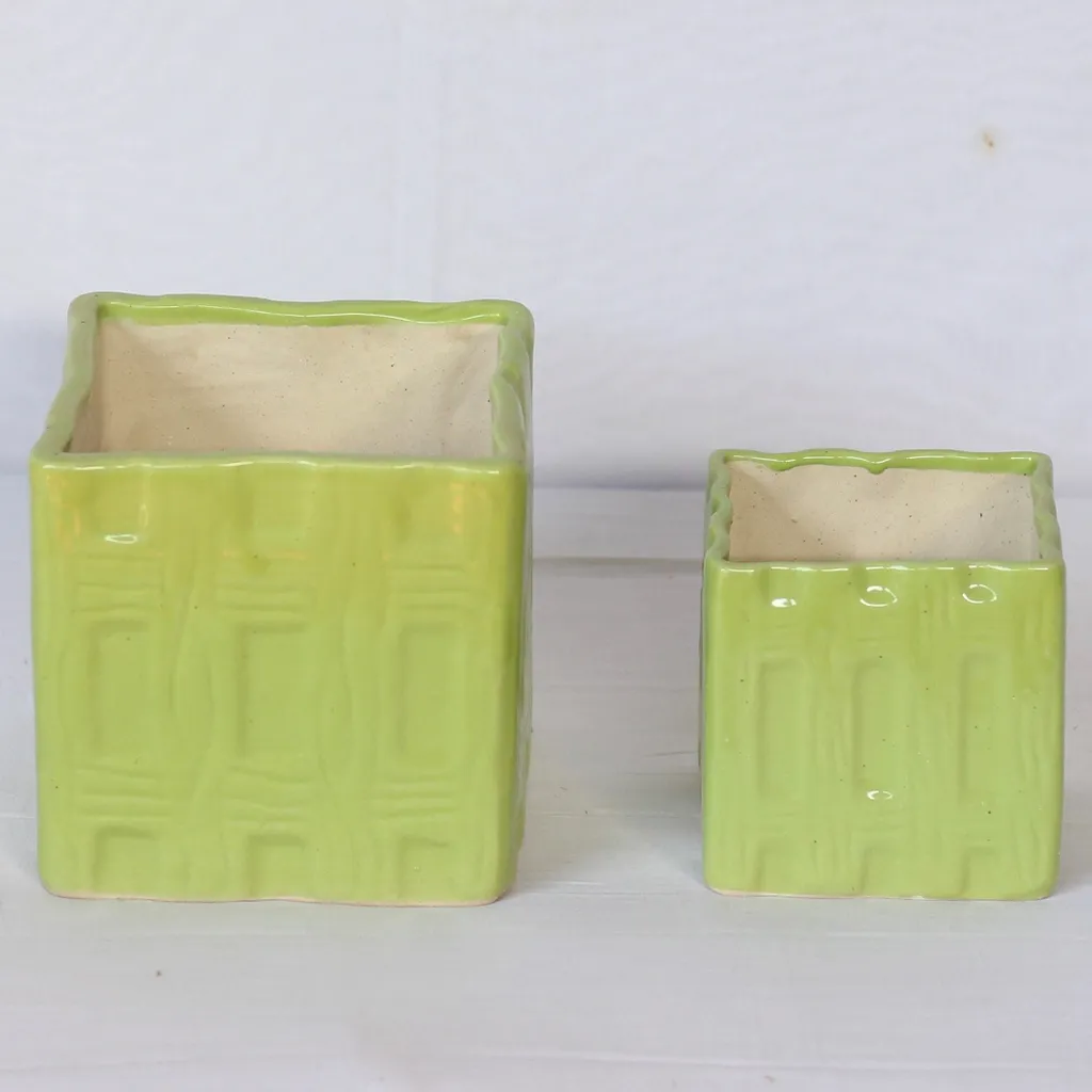 Box Green Ceramic Planters- Set of 2 (6 x 5.5, 4.5 x 4 Inch)