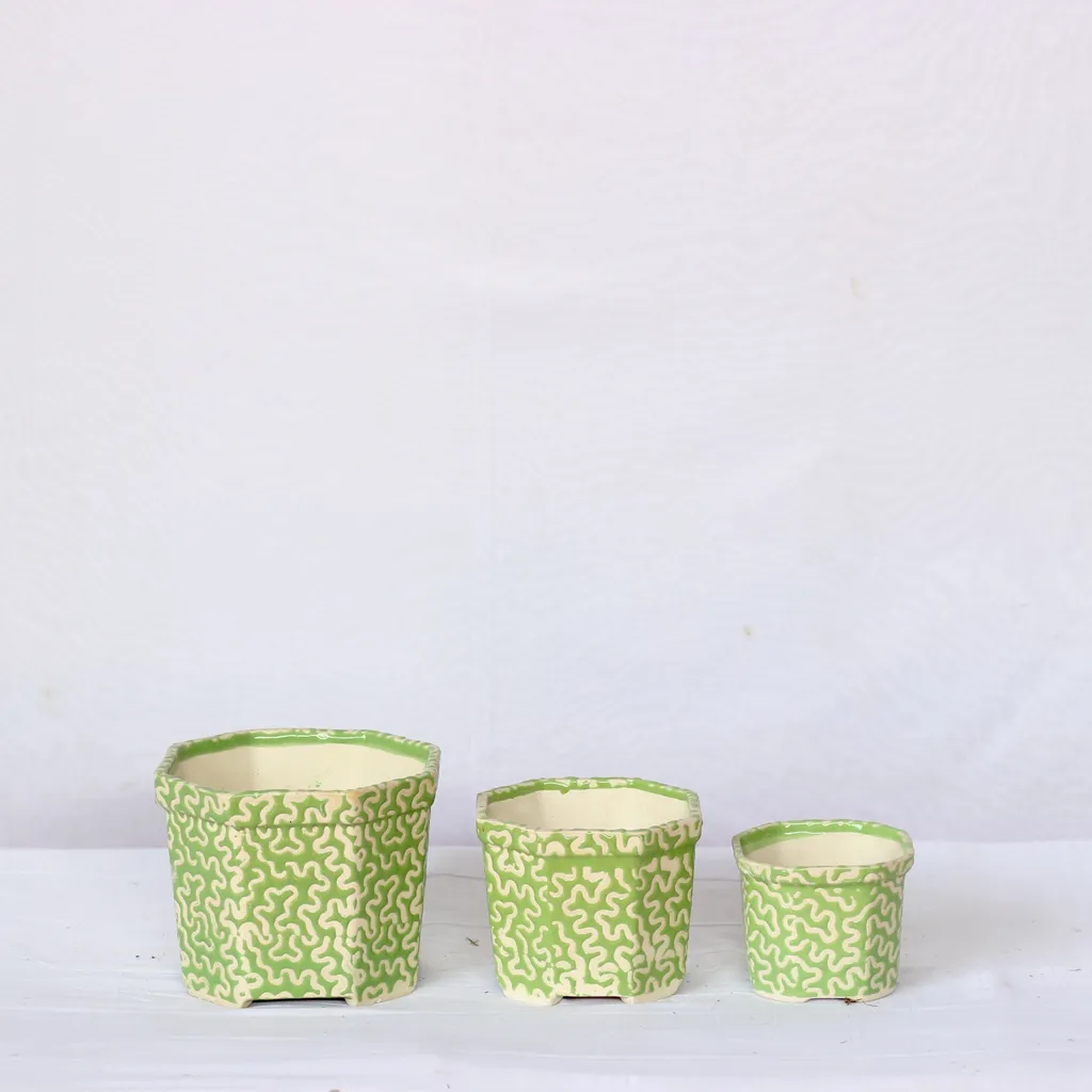 Octagon Ceramic Planters- Set of 3- Green (5.5 x 7.5, 4.5 x 6, 4 x 5 Inch)