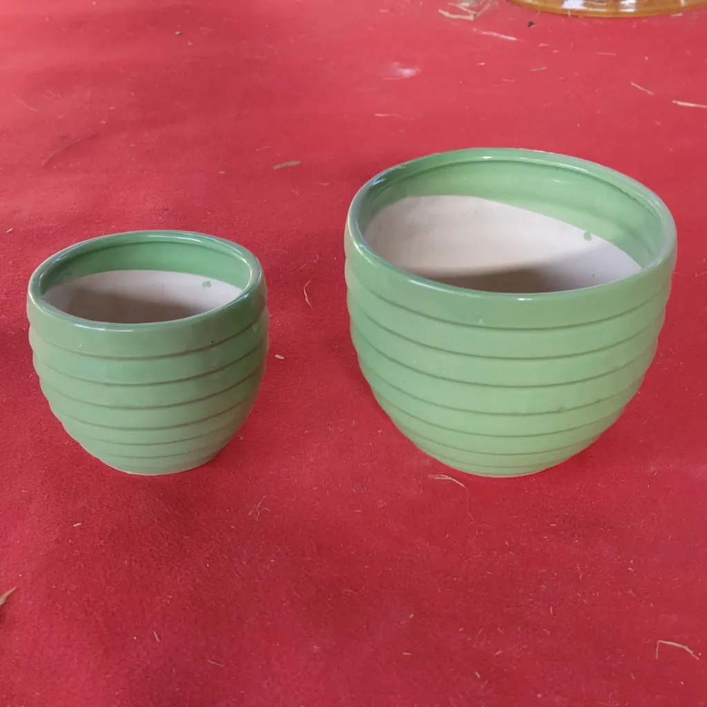 Set of 2 - 7 Inch, 5 inch Green Ring Ceramic Planters