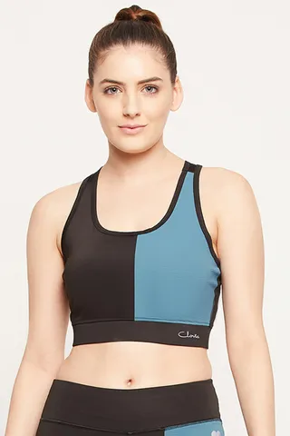 Clovia Medium Impact Padded Non-Wired Colourblock Sports Bra in Black with Removable Cups - Quick-Dry