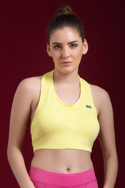 Clovia Padded Active Crop Top in Yellow with Halter Neck - Quick-Dry