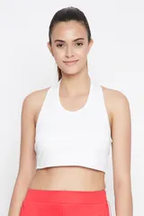 Clovia Padded Active Crop Top in White with Halter Neck - Quick-Dry