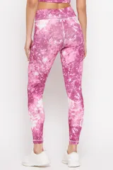Clovia Snug Fit Ankle-Length High-Rise Active Tie-Dye Print Tights in Pink - Quick-Dry