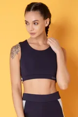 Clovia Comfort-Fit Active Colourblock Active Crop Top in Navy with Cut-Out Detail on Back - Quick-Dry