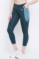 Clovia Snug Fit Activewear Ankle Length Tights with Pocket Teal- Quick-Dry