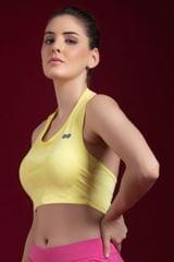 Clovia Padded Active Crop Top in Yellow with Halter Neck - Quick-Dry