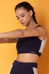 Clovia Comfort-Fit Active Colourblock Active Crop Top in Navy with Cut-Out Detail on Back - Quick-Dry