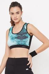 Clovia Medium Impact Padded Marble Print T-shirt Sports Bra in Blue - Moisture Wicking