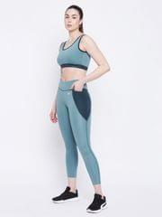 Clovia Snug Fit Active Mid-Rise Ankle-Length Tights & Padded Non Wired Sports Bra Combo Blue  - Quick-Dry