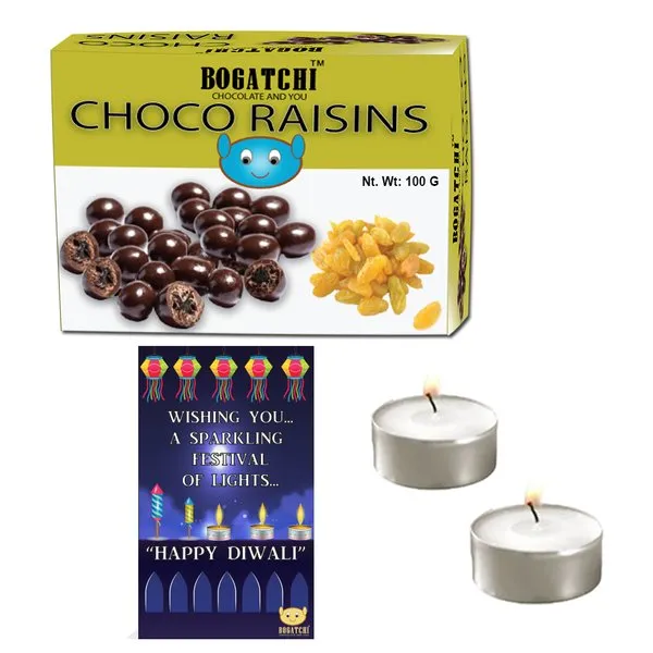 Choco Raisins With Two T Lights And Diwali Greeting