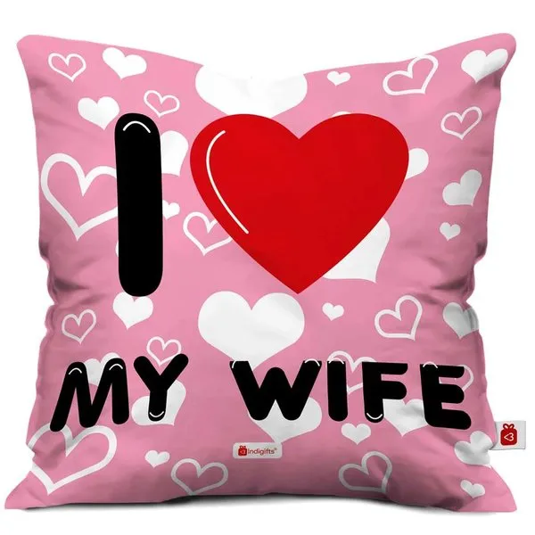 I Love My WIFE Quote Seamless Heart Pattern With Quote Pink Cushion Cover