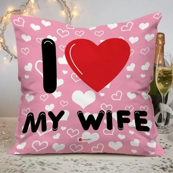 I Love My WIFE Quote Seamless Heart Pattern With Quote Pink Cushion
