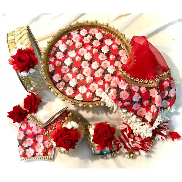Red Gul-E-Baagh Floral Handcrafted KarwaChauth Pooja Thali Sets