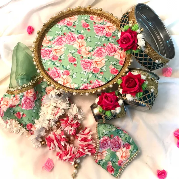 Pastel Green Gul-E-Baagh Floral Handcrafted KarwaChauth Pooja Thali Sets