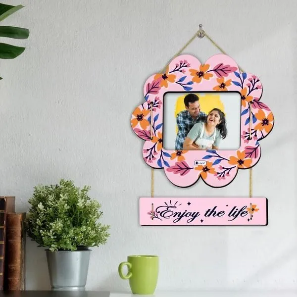 Enjoy The Life Printed Pink Flower Shape Photo Frame Valentine Special Gifts For Him