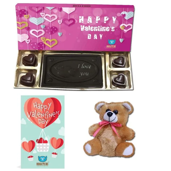 Chocolates Gift Pack for Girlfriend, I Love You Bar with 4 Chocolate Hearts, V-Day Card & Teddy For Valentine
