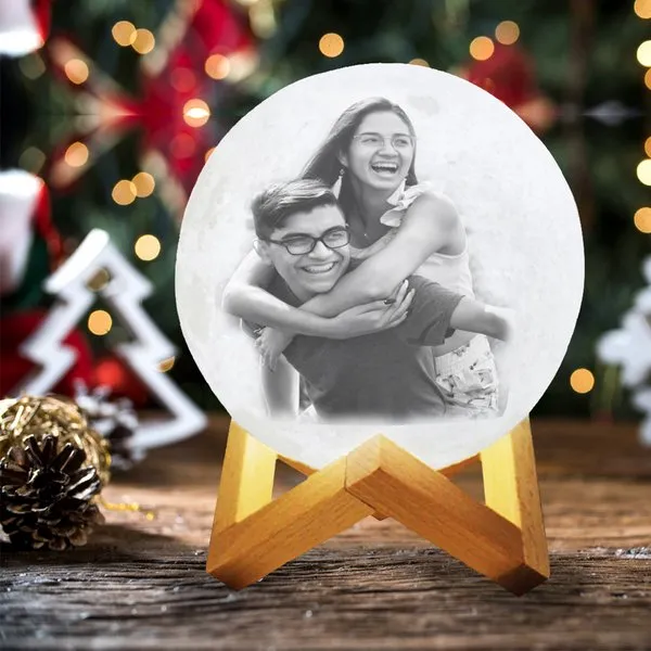 Christmas Siblings 3D Multicolor Moon Lamp with Photo and Personalised Text - Touch Control